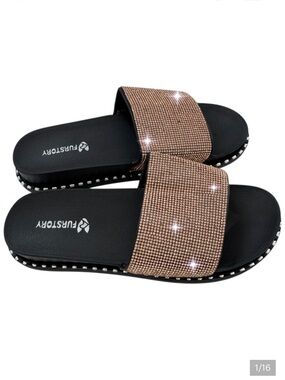 Fur Story Women's Slides Rise Gold Rhinestone Platform Sandals Slippers Size 10